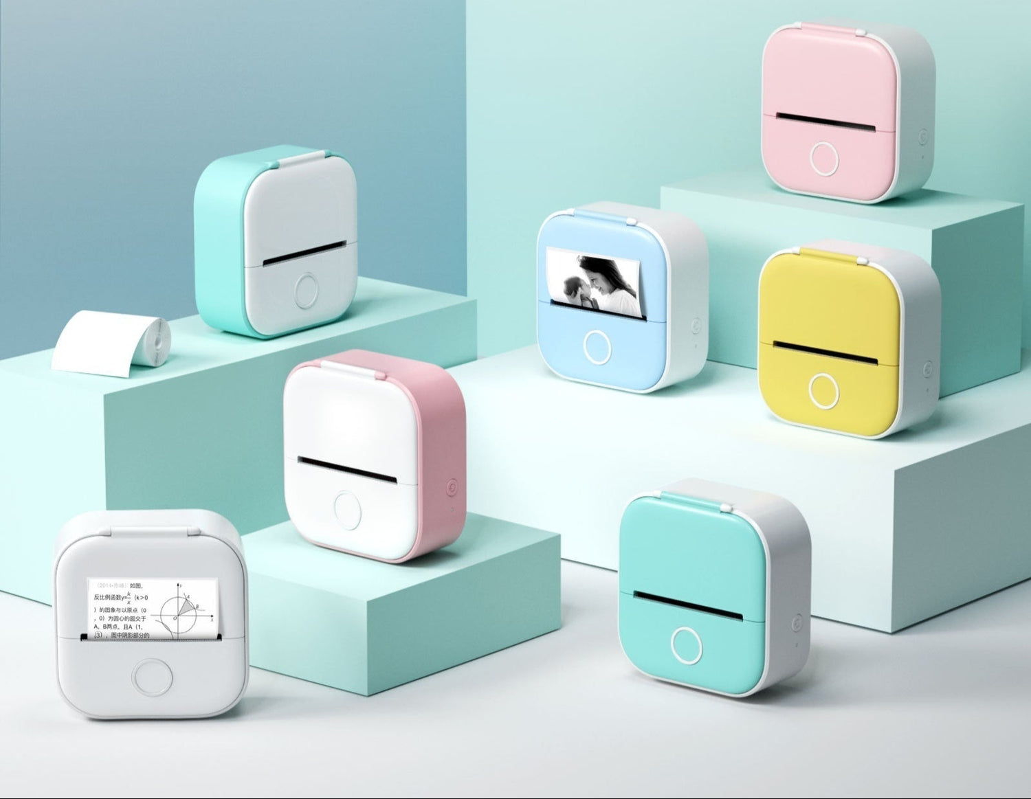 Colorful printer devices on a light blue background with text indicating various colors available.
